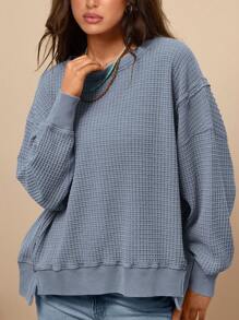 Women's Autumn Oversized Crew Neck Sweatshirt Casual Long-Sleeved Pullover Waffle Knit Top