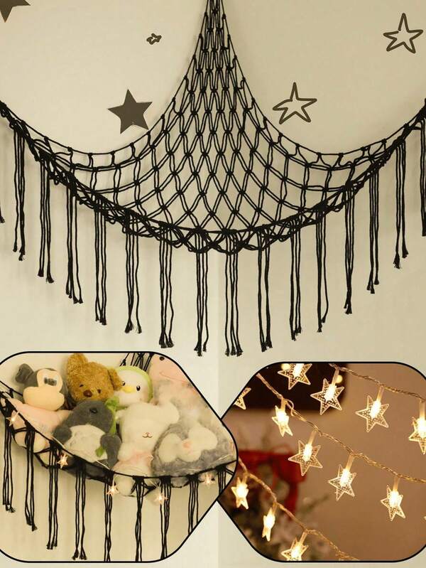 1 pièce - Hamac de jouet en macramé, support de rangement d'animaux en coin, support de filet suspendu, organisateur de hamac de jouet avec crochets pour chambre à coucher, filet de stockage d'animaux en peluche, filet de hamac de jouet pour le coin des animaux en peluche, grand organisateur suspendu de rangement d'animaux en peluche, filet ou hamac de style boho pour animaux en peluche grand, jouet de printemps, poupées de la Saint-Valentin, hamac de stockage de gnome, gobelin (noir)