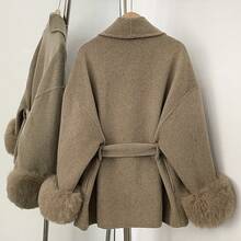 OFTBUY Einfarbige Jacke mit langen Ärmeln, loser Taille, Gürtel, Fellimitat-Patchwork und Wollmischung, lässiger Street-Style für Herbst/Winter & Feiertage - Aprikosenfarben - Übersicht 5