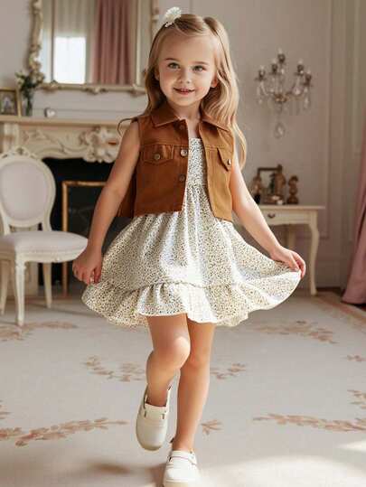 2入組少女休閒純色無袖短外套和花卉印花連衣裙，適用於春夏戶外活動、旅行、日常穿著、休閒、度假和派對