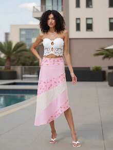Women's Flowy Midi Skirt Vintage Low Waist Floral/Dots Print Long Skirt Lightweight Fall Skirt - 粉色 - 查看 9