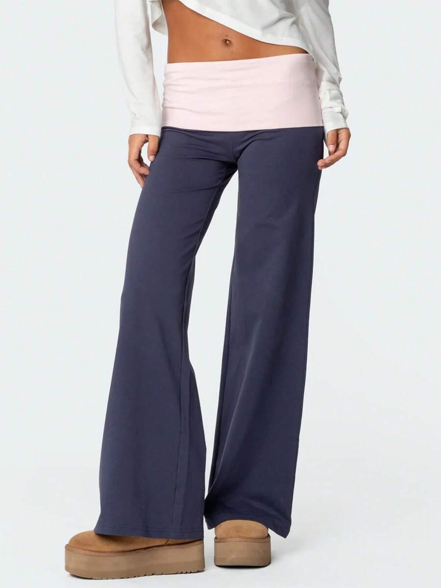 Fold Over Yoga Pants Elastic Waist Low Rise Straight Wide Leg Sweatpants Y2k Color Block Flare Yoga Lounge Leggings Stretchy Loose Gym Pants Back To School Clothes For Teen Girls Women - 藏蓝色 - 查看 1