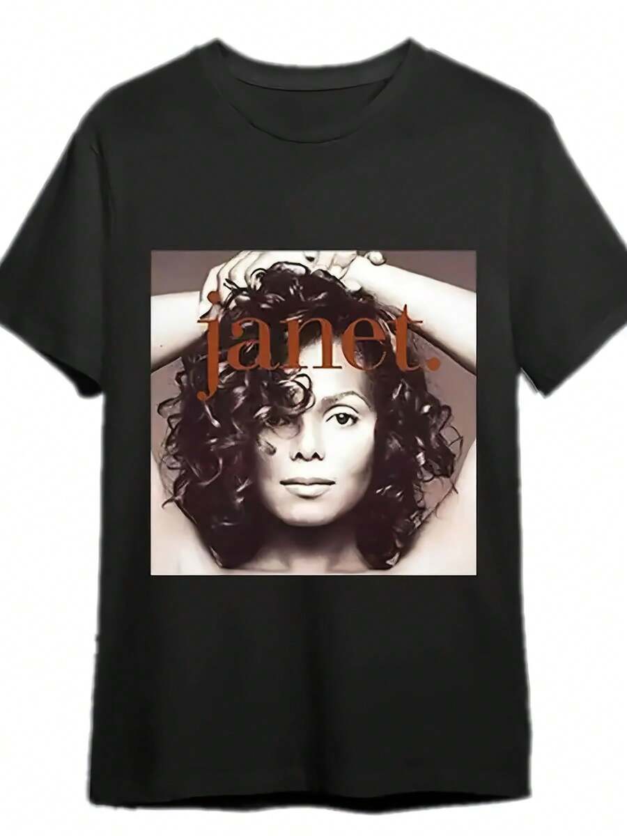 Men's  Graphic Tee - Official JANET Print Black T-Shirt |   Soft Everyday Shirt For Concerts, Casual Wear & Fan Gifts |   Machine Washable Artist Portrait Apparel, Concert Outfit, Short Sleeve Top, Durable Print, Unisex Style, Music Lovers - màu đen - Xem 1