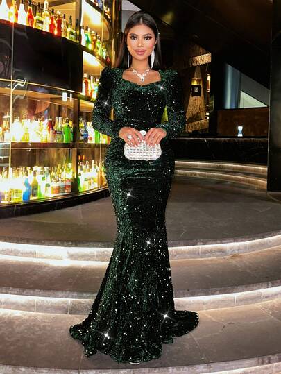 CHOSMO Emerald Areen Formal Dress CHOSMO New Autumn Sequins Long Sleeve Orange Prom Dresses Gorgeous Elegant Slim High Waist Elegant Evening Dresses Long Women's Dresses Long Gowns