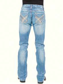 Men's Retro Flare Jeans, Embroidered, Fashion, Casual - Light Wash - View 2