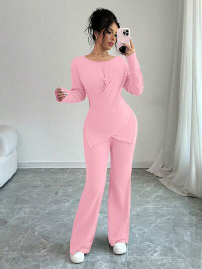 abyoxi Einfarbiges, lässiges Set aus Rundhals-Langarmoberteil mit Wickelknotendetail und asymmetrischem Saum sowie Schlaghose, 2 Stücke Set, modisch lässig, bequem, für den Alltag, Herbst/Winter Kleidung für Frauen