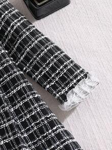 1pc Girls' Black Long Sleeve Sweet & Chic Coco Ruffle Collar Double-Breasted Tweed Patchwork Hem Vintage French Elegant Dress, Autumn/Winter - Black - View 4