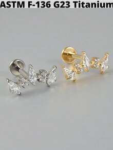 1 件 G23 钛金五角形锆石唇钉内螺纹 CZ 耳钉耳软骨耳屏耳轮耳环耳垂穿孔珠宝 - 如圖 - 查看 3