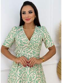Women's Casual Elegant Printed Dress In Romantic Fabric - Verde Salvia - View 4