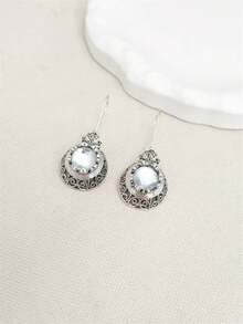 1 对波西米亚风格圆形海蓝宝石锆石雕刻吊坠耳环，适合女性日常、派对、旅行珠宝礼物 - 銀色 - 查看 9