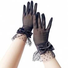 1pc Short Elastic Mesh Gloves With Bowknot, Cute Polka Dot Romantic French Court Style Bridal Gloves, Women Sun Protection
