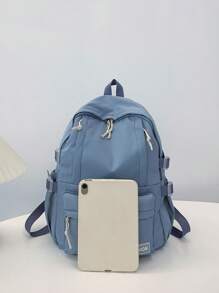 1个纯色休闲学院风双肩包，带笔记本电脑隔层，大容量学生背包，轻便旅行包，男女皆宜，非常适合日常使用、外出、上学和返校。