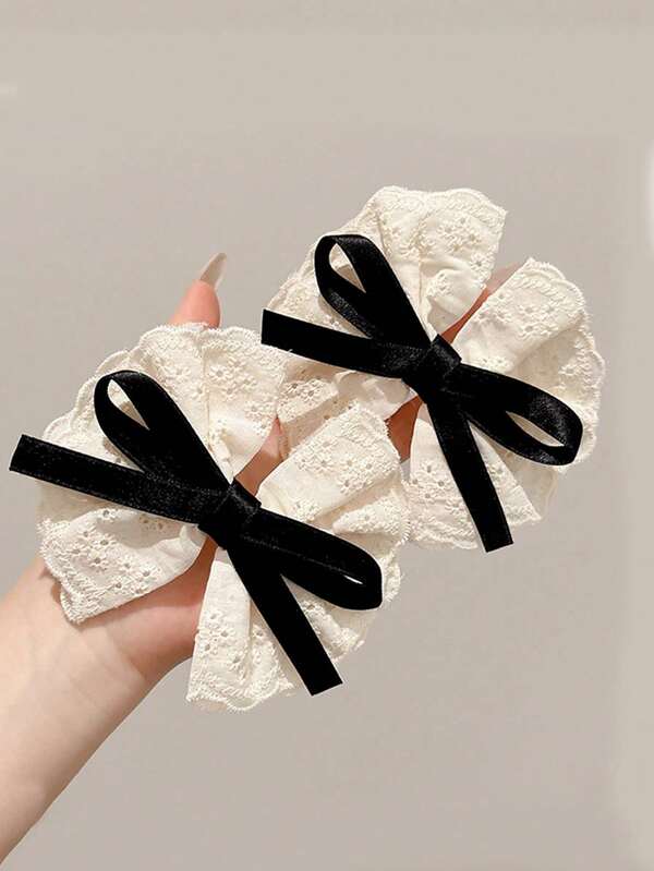 2pcs/Set Girl Style Lace Bow Hair Clips, Suitable For Daily Wear