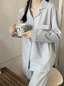2pcs Women Sleepwear Set - Blue Striped Long Sleeve Top And Pants, Loose Fit Pajama For Homewear, Suitable For Spring And Autumn,Two Pieces Set, Fall Clothes