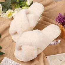 6 Pairs Womens Cross Band Slippers Fuzzy Plush House Bridesmaid Slipper White |   Black |   Pink Open Toe Fluffy Slipper Soft Warm Bridal Slippers2025 - 藍色 - 查看 3