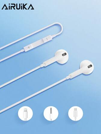 AIRUIKA Wired Earphones With Type-C & Lightning Connectors, Plug & Play, In-Line Control, 3.5mm For Calls, Singing, Gaming