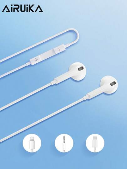 AIRUIKA Wired Earphones With Type-C & Lightning Connectors, Plug & Play, In-Line Control, 3.5mm For Calls, Singing, Gaming