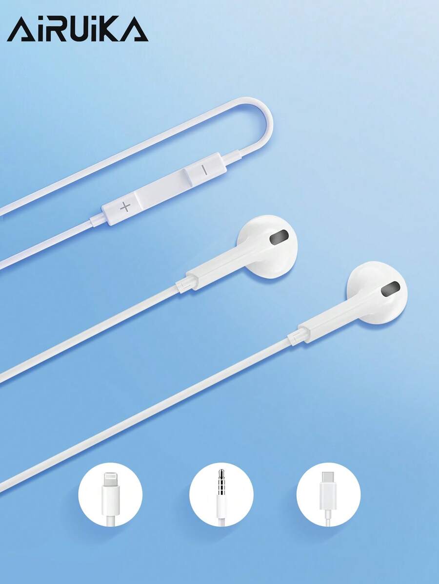 AIRUIKA Cuffie cablate con connettori di tipo C e Lightning, plug and play, controllo in linea, 3,5 mm per chiamate, canto, gaming - Bianco - Visualizzare 1