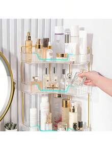 1 pieza Caja de almacenamiento para encimera de baño de una esquina, adecuada para esquinas de 90°, se usa como bandeja para tocadores de dormitorio, estantes de almacenamiento de cosméticos, encimeras de baño, estantes de especias de cocina y bandejas para botellas de perfume, para vacaciones en la playa, colección de baño, colección de dormitorio, regalo del Día del Padre, organizador de maquillaje en forma cuadrada para encimera de baño, caja de almacenamiento de gran capacidad de PET para cosméticos, perfumes y productos de cuidado de la piel - Multicolor - Ver 11