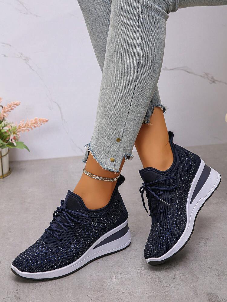 Fall/Winter Women's New Sports Style Lace-Up Rhinestone Outdoor Wedge Thick Bottom Casual Sneakers, Breathable Comfortable Running Shoes, Outdoor Travel Shoes, Suitable For All Seasons - Navy Blue - View 4