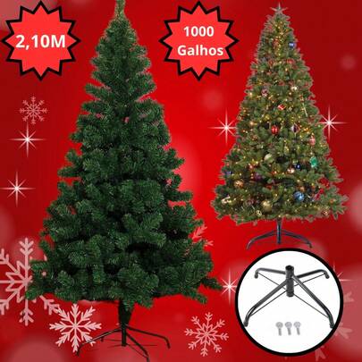 Árvore de Natal Pinheiro Verde 2,10 Metros 1000 Galhos Decoração Natalina Cheia Luxo Pé de Ferro