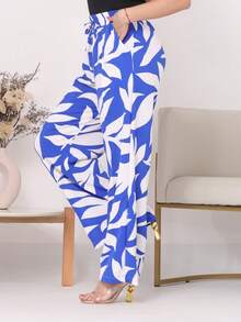 Loose Floral Palazzo Pants, Summer, Elastic Waist, Knife Pocket, Dune Fabric - 藍色和白色 - 查看 4