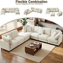1PC, Modular Combination Sofa, L-Shaped Sofa For 7 Seats, Sectional Sofa Couches, Free Combination, Removable Modules With Wooden Legs And Upholstery, U-Shaped Sofa For Living Room And Office, Large Space, Living Room Furniture, Home Decor, Beige - 米色 - 查看 6