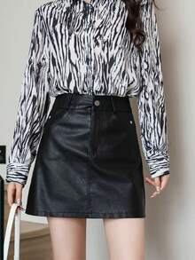 A-Line PU Leather Pencil Skirt, Flattering And Slimming, Suitable For Commuting - Black - View 2