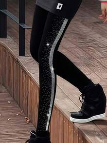 1 件女式水钻装饰侧条纹紧身踝裤，休闲运动装 - 黑色 - 查看 1