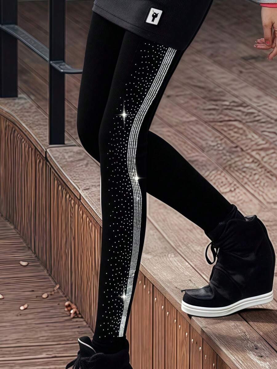 1 件女式水钻装饰侧条纹紧身踝裤，休闲运动装 - 黑色 - 查看 1