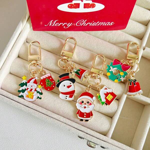 Un paquete de 5 llaveros de metal navideños, decoraciones de ambiente, pequeños colgantes, mochilas de estudiantes, decoraciones colgantes, pequeños regalos para dar a los compañeros de clase, regalos de Navidad