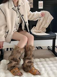 1 chiếc tất giữ ấm chân bằng lông nhân tạo màu nâu trơn mịn, phù hợp với mọi mùa, phong cách Y2K giữ ấm cho mùa đông và mùa thu - màu nâu - Xem 5