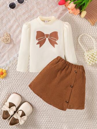 2pcs Girls Butterfly Print Long Sleeve Top And Corduroy Skirt Set, Autumn/Winter