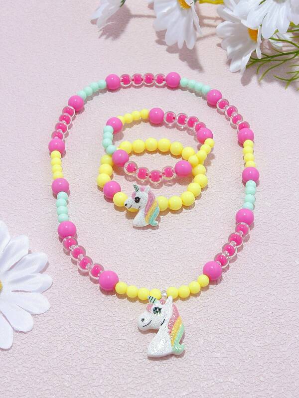 3pcs/Set Girls Cute Candy Color Beaded Unicorn Necklace Bracelet Jewelry Set, Suitable For Girls Party, Holiday, Birthday Gift