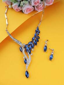 3pcs Fashionable European & American Jewelry Set, Inlaid Navy Blue Crystal Necklace & Earrings, Elegant Gift For Women, Party, Formal Dress, Mother's Day - Yellow Gold - View 7