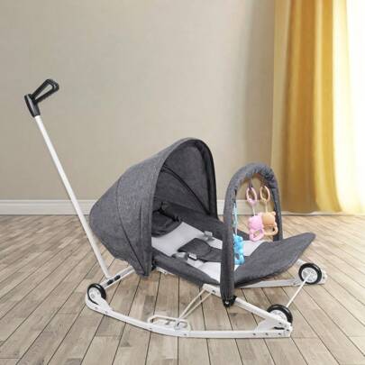 2 in 1, Babywippe, Kinderwagen, mit Spielbogen, 4-fach verstellbarer Rückenlehne, 3-Punkt-Sicherheitsgurt, für Babys bis 9 kg (Rosa/Grau)