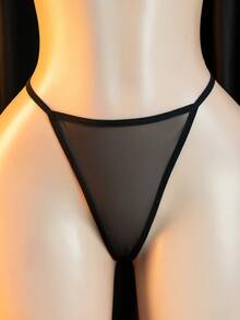 性感内衣两件套：黑色蕾丝和透明网眼娃娃装（含丁字裤） - 黑色 - 查看 6