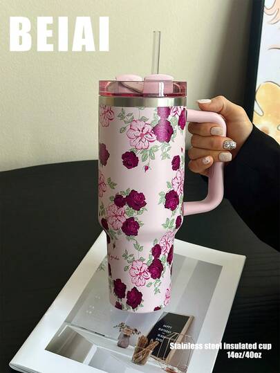 1pc 40oz-14oz Large Capacity Handled Tumbler, Vacuum Insulated Stainless Steel Travel Mug, Suitable For Car, School, Office, Outdoor, Gym, Home, Ideal Gift For Women, Teens, Holidays, Birthdays (With Straw)