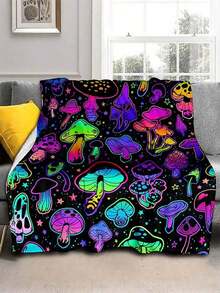 1pc Colorful Mushroom & Pumpkin Pattern Super Soft 280gsm Flannel Blanket, Suitable For Living Room & Bedroom Decor, Perfect Gift For Family - 彩色 - 查看 1
