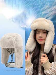 1pc Unisex Winter Warm Trapper Hat, Outdoor Rabbit Fur Fashion Casual Earmuff Hat, Windproof Cycling Cap, Black Brimless Beanie Winter Outfits Fall