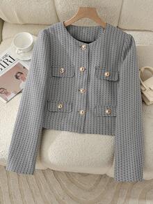 女式短款夹克外套，前襟纽扣，假口袋，黑色格子，秋冬 - 黑與白 - 查看 2