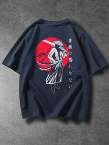 Teen Boys Casual Japanese Samurai Slogan Print Crew Neck Short Sleeve T-Shirt, Suitable For Daily And Outdoor Wear - Navy Blue - View 2