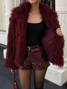 Onas Plush Furry Coat, Fall, Back To School, Button Up, Going Out, Date Night, Homecoming, Bohemian - Burgundy - View 1