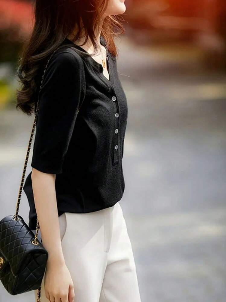 Women's Solid Color V-Neck Short Sleeve Knit T-Shirt, Lightweight, Loose Fit, Slimming, Fashionable, Minimalist, High-End - Black - View 5