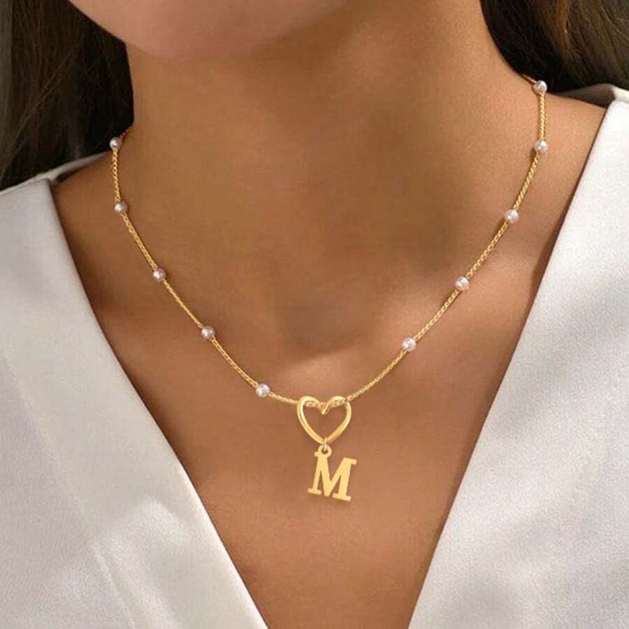 1pc New Hollow Heart-Shaped Letter Pendant Faux Pearl Beaded Necklace, For Women - Golden Stainless Steel - View 1