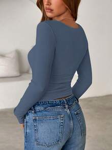 Women Spring And Fall Long Sleeve Shirts Ribbed Crewneck Fitted Basic Tee Going Out Tops Casual Workout Vacation Outfits - 灰藍 - 查看 2