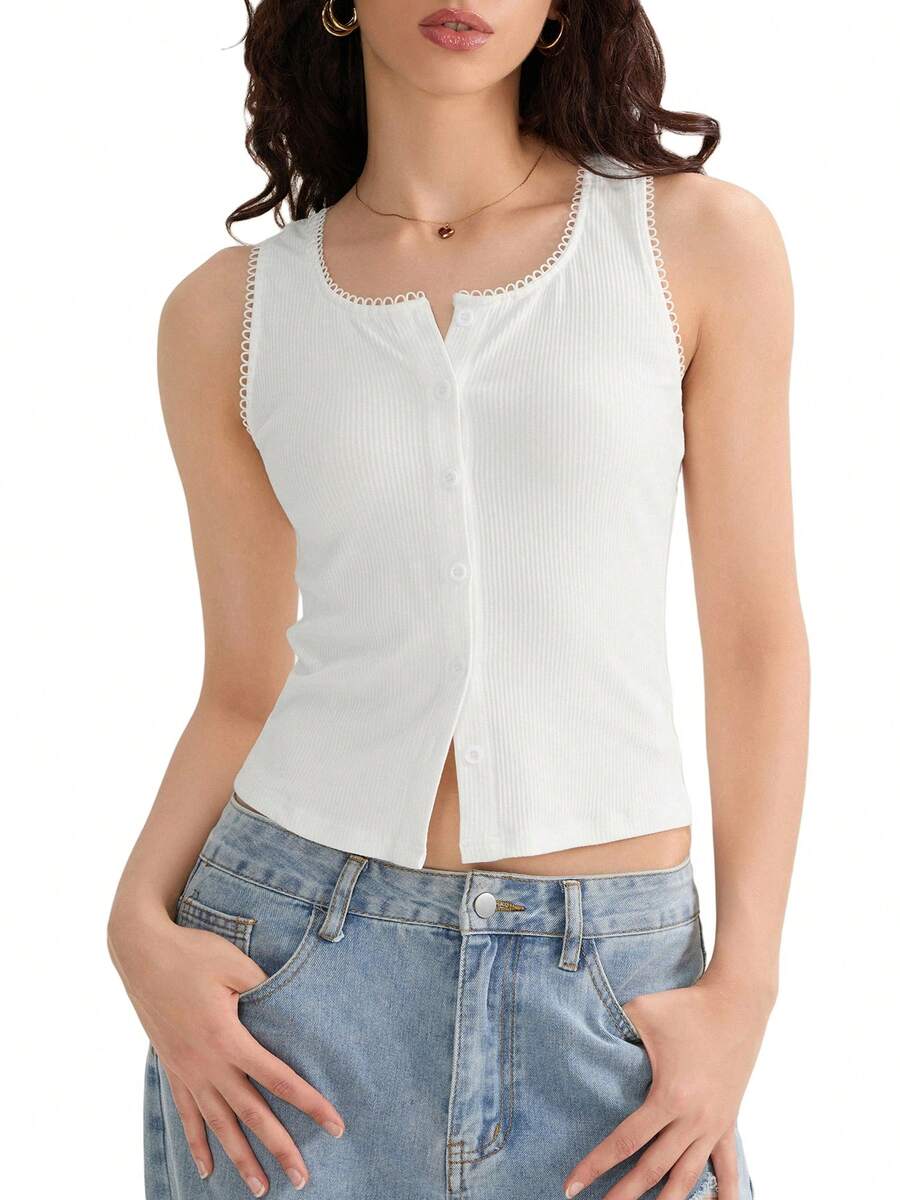 Women Ribbed Knit Tank Tops Lace Trim Buttons Casual Vests Summer Loose Sleeveless Tops Streetwear - White - View 1