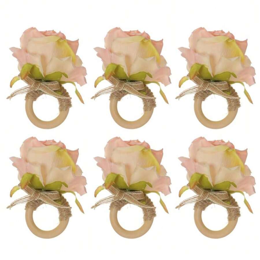 6pcs/Set Elegant Fresh Mori Simulation Rose Napkin Rings Twine Napkin Rings, Suitable For Weddings, Birthday Parties, Graduation, Christmas, Daily Table Decorations, Etc. - Pink - View 1