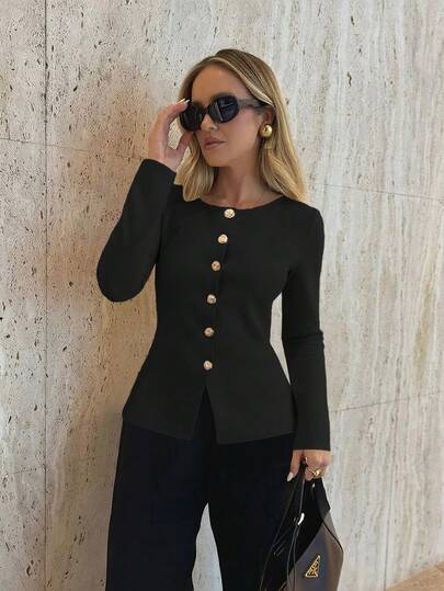 Cárdigan delgado de manga larga con cuello redondo, abotonado al frente, de unicolor, con estilo vintage y elegante, de punto fino y modesto, para mujer, ideal para primavera, otoño e invierno