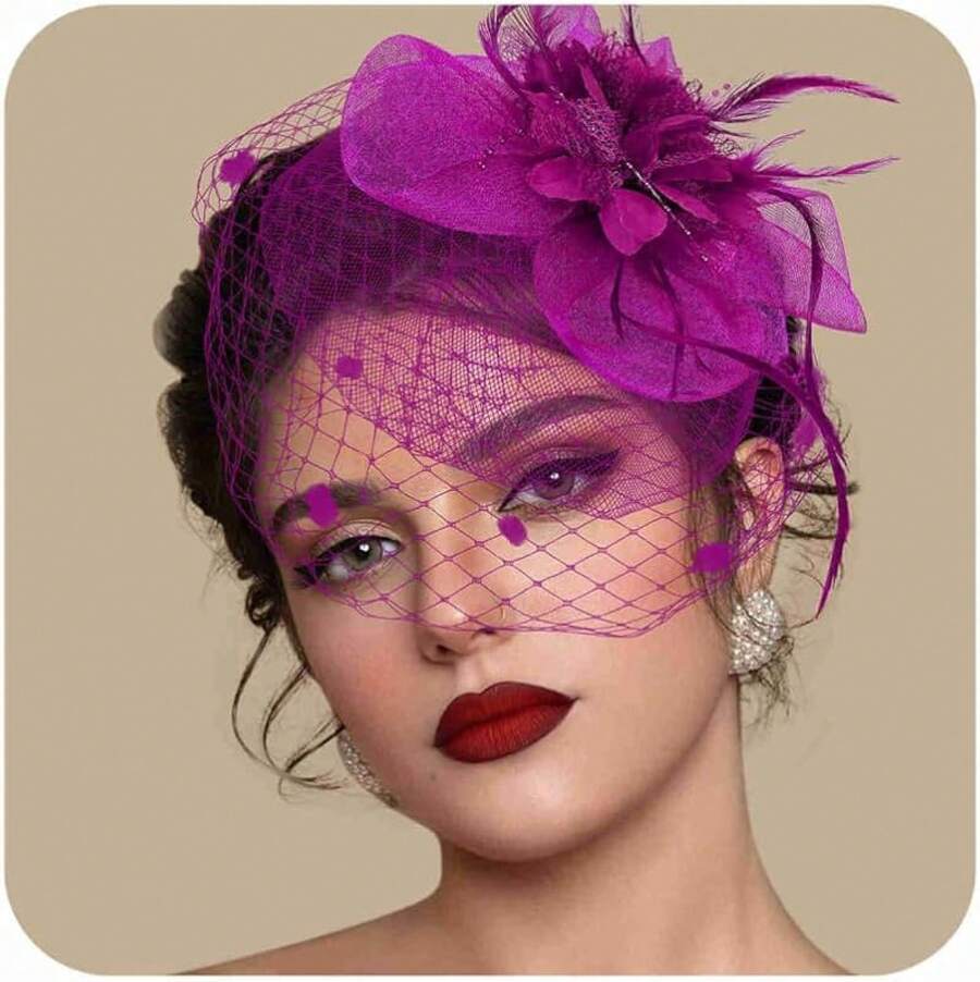 Fascinators Hats Women Tea Party Hat Mesh Headband Vintage Lace Cocktail Headwear Hair Clip Church - 玫紅色 - 查看 1